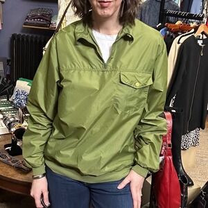 Vintage ASJ Campus Mens Olive Green Waterproof Nylon Quarter Zip Jacket Medium